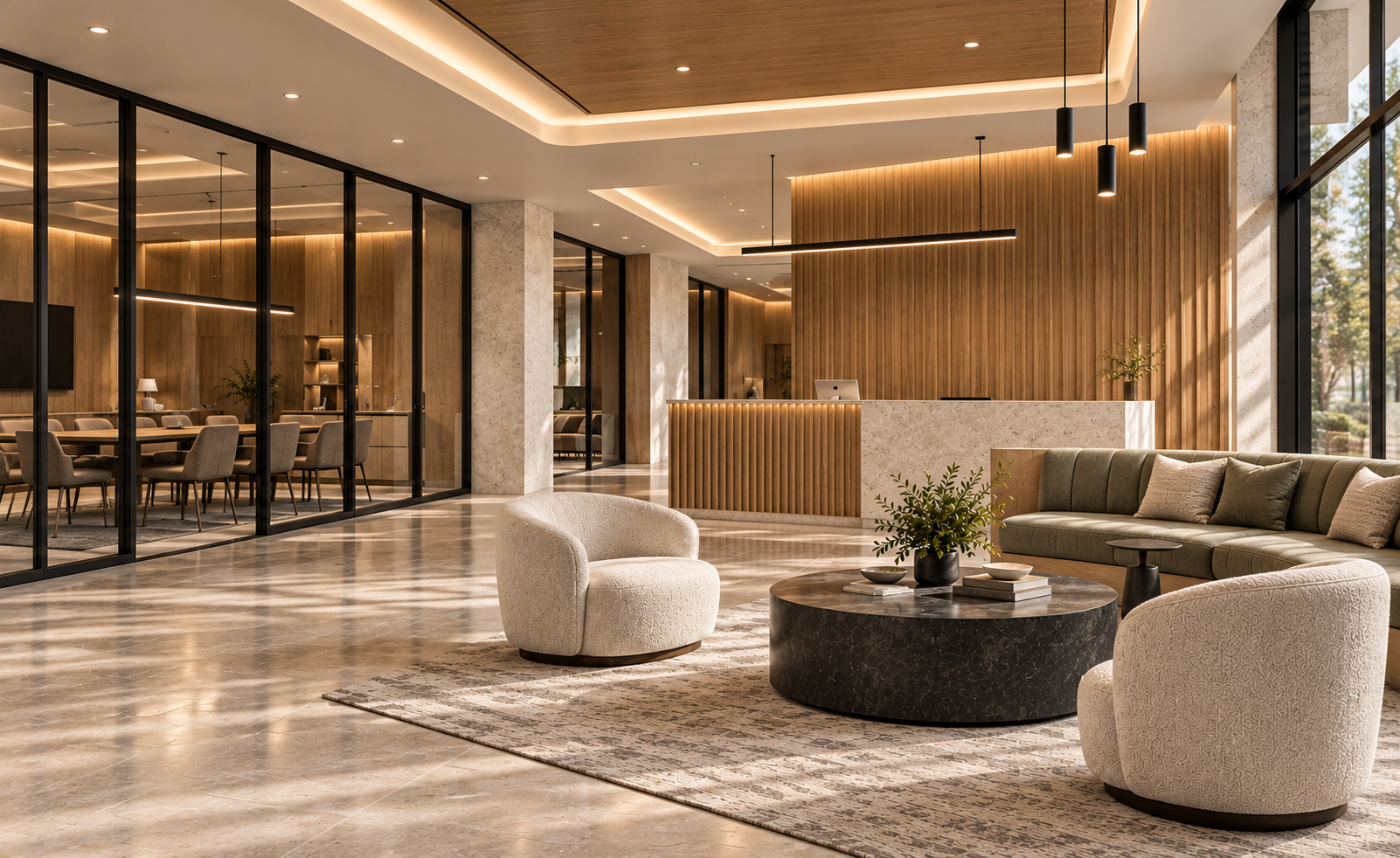 A complete commercial lobby renovation with glass meeting rooms, finished stone flooring, a reception counter, lounge furniture, and layered ceiling lighting.