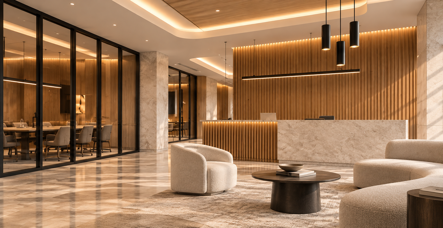 Concept reception renovation with a stone counter, timber feature wall, glass partitions, lounge furniture, and layered lighting.