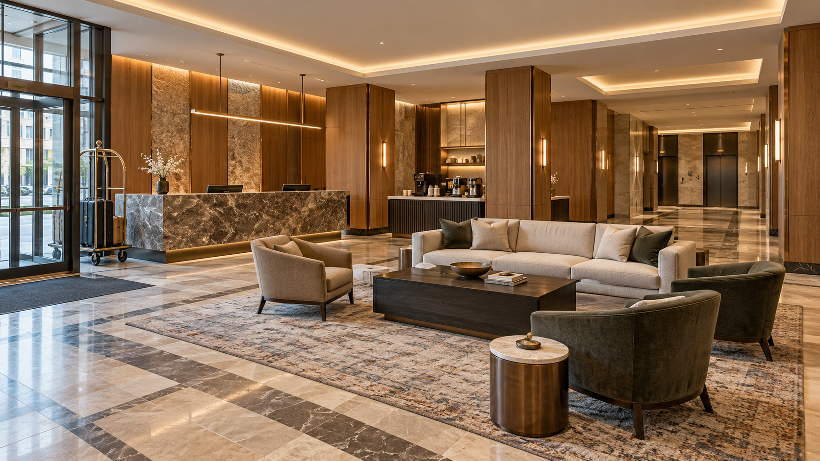 Concept boutique hotel lobby with a reception desk, lounge seating, coffee counter, elevator, finished floor, and layered lighting.