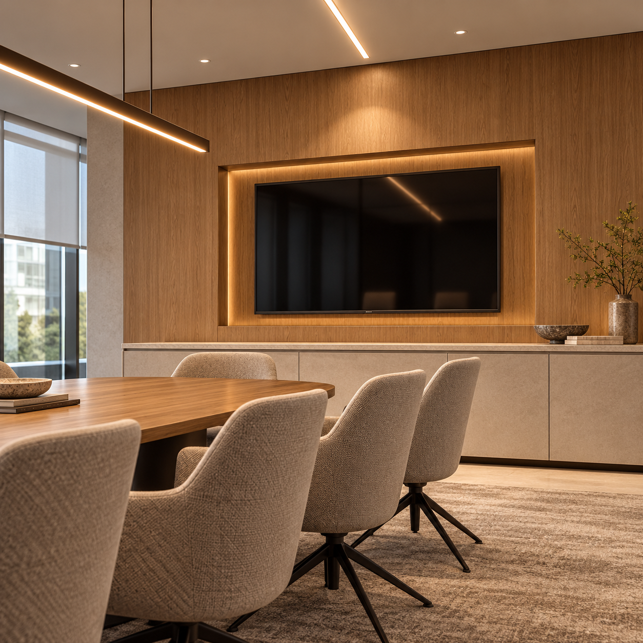 Concept commercial interior with a long meeting table, upholstered chairs, built-in millwork, and warm lighting.