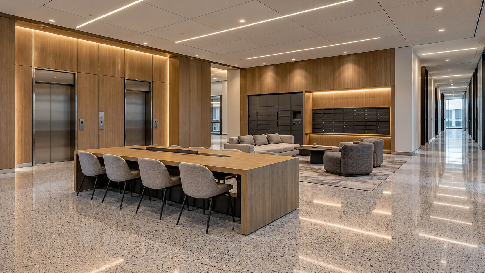 Concept commercial property amenity with elevator lobby, package lockers, communal table, lounge seating, terrazzo flooring, and oak wall finishes.
