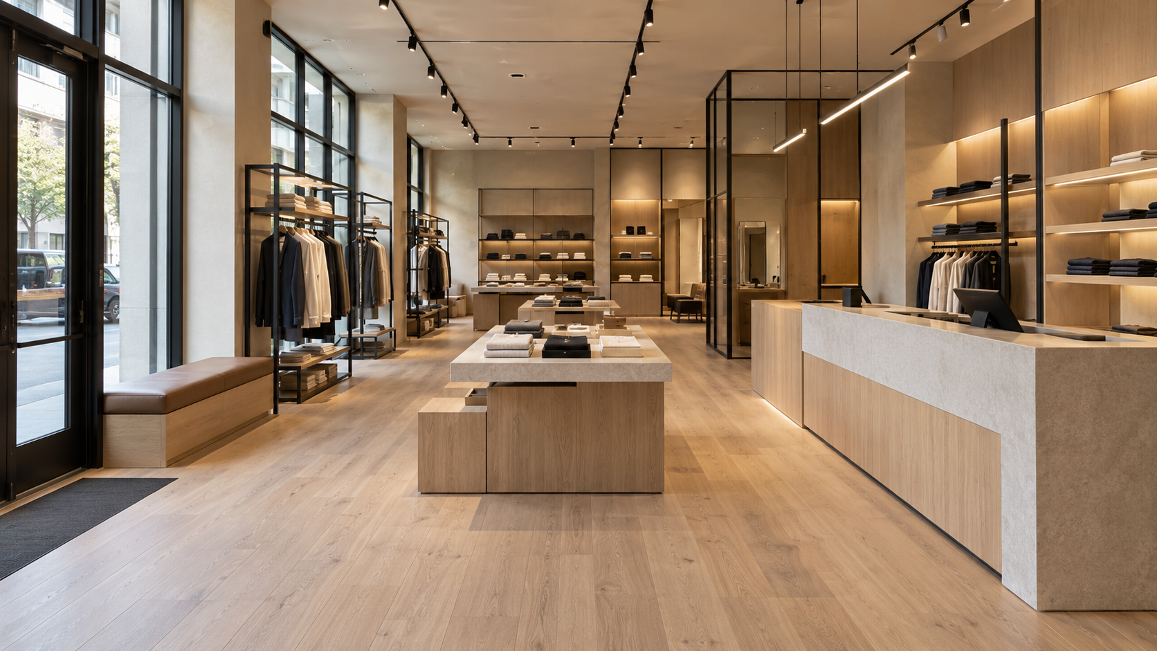 Concept retail fit-out with a glazed storefront, clothing rails, display tables, a stone checkout counter, oak flooring, and track lighting.