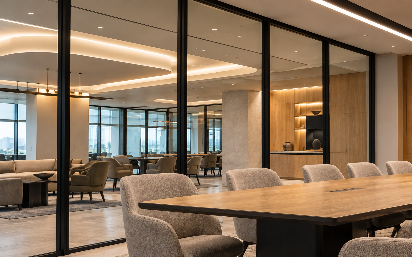 Concept workplace renovation with a furnished meeting room, black-framed glass partitions, finished flooring, and coordinated ceiling lights.
